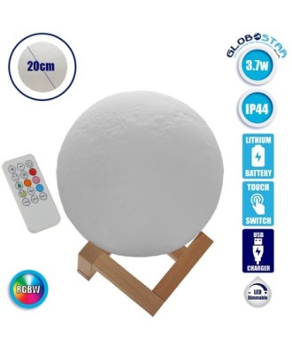 Επαναφορτιζόμενο Διακοσμητικό Ανάγλυφο Φωτιστικό Αφής 3D Moon 20cm RGBW Ντιμαριζόμενο με Ασύρματο Χειριστήριο GloboStar 07030